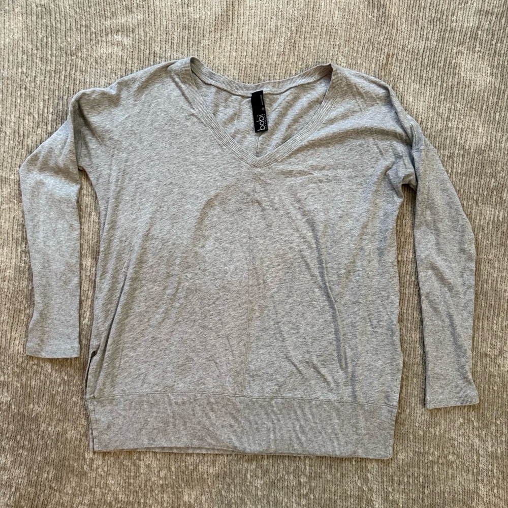 Bobi Los Angeles Gray V-Neck Long Sleeve Top 100% Cotton Size S
